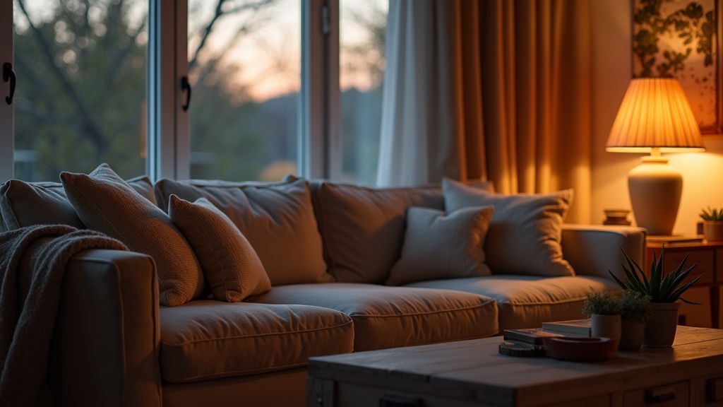 Warm white lamp glowing in a Scandinavian living room at dusk
