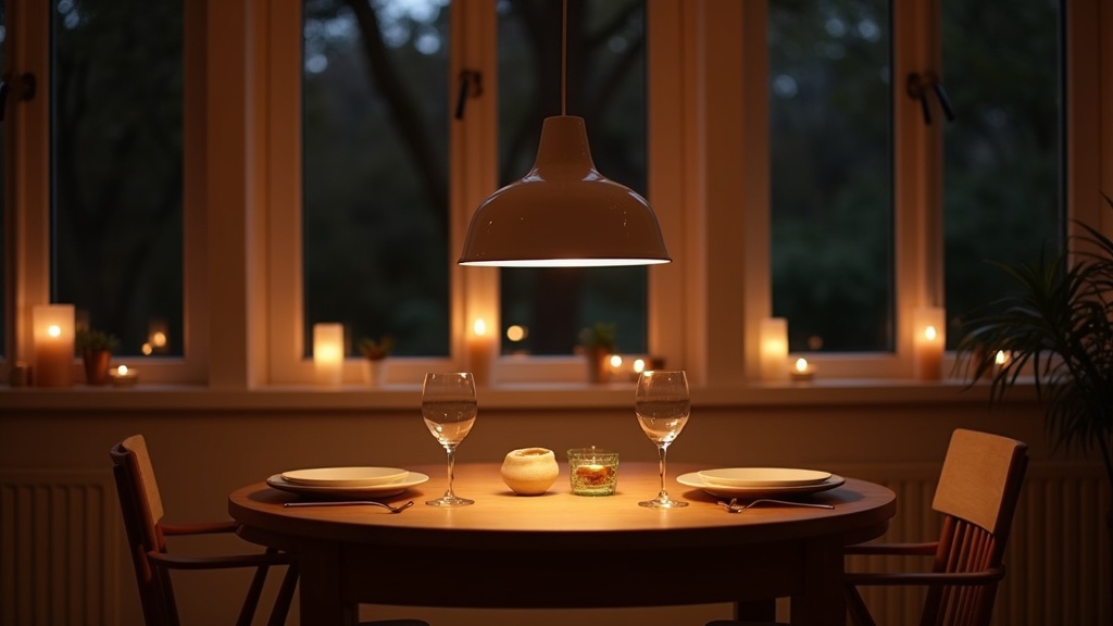 Warm white pendant light over a dining table in a Scandinavian home