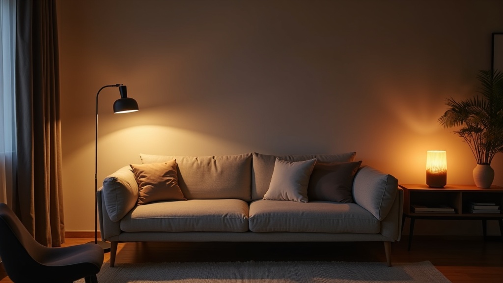 Three-layer lighting setup in a Scandinavian living room at evening