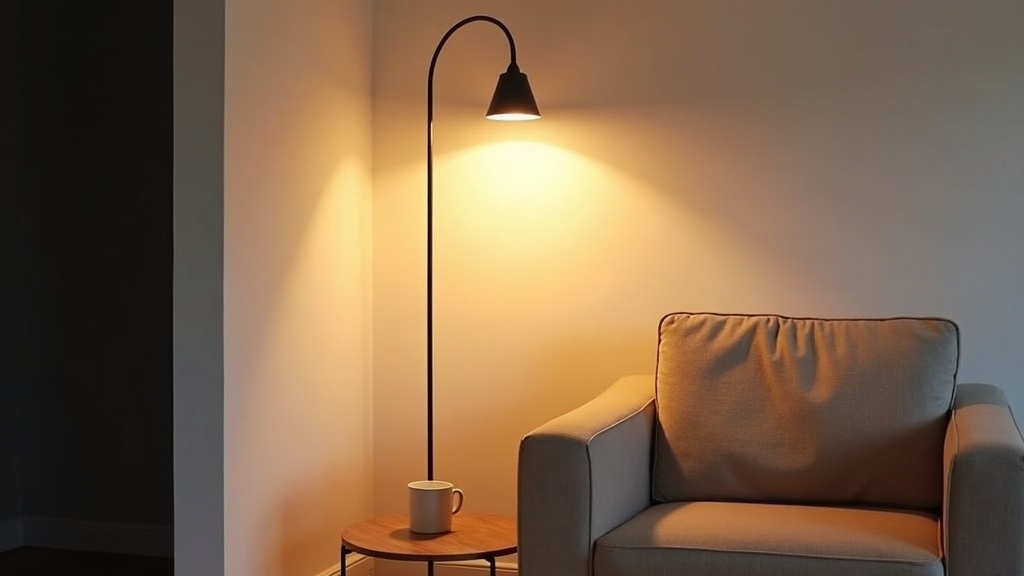 Floor lamp illuminating a living room corner with warm amber light