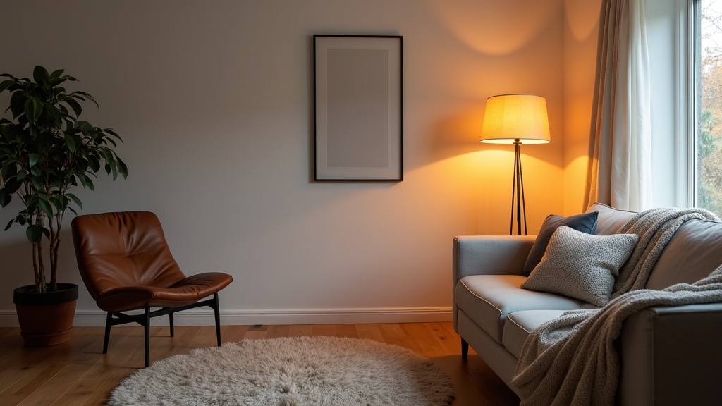 Warm lighting in a Scandinavian living room at dusk