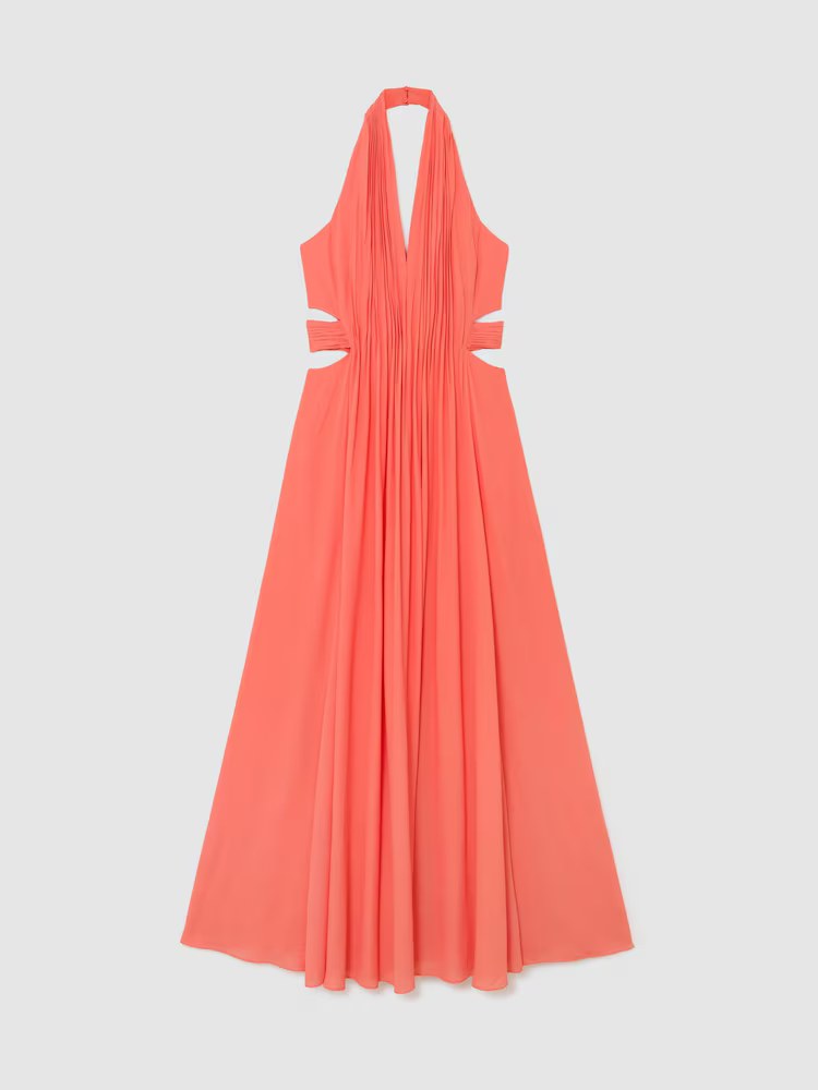 Reiss, Halterneck Pleated Maxi Dress in Coral Pink