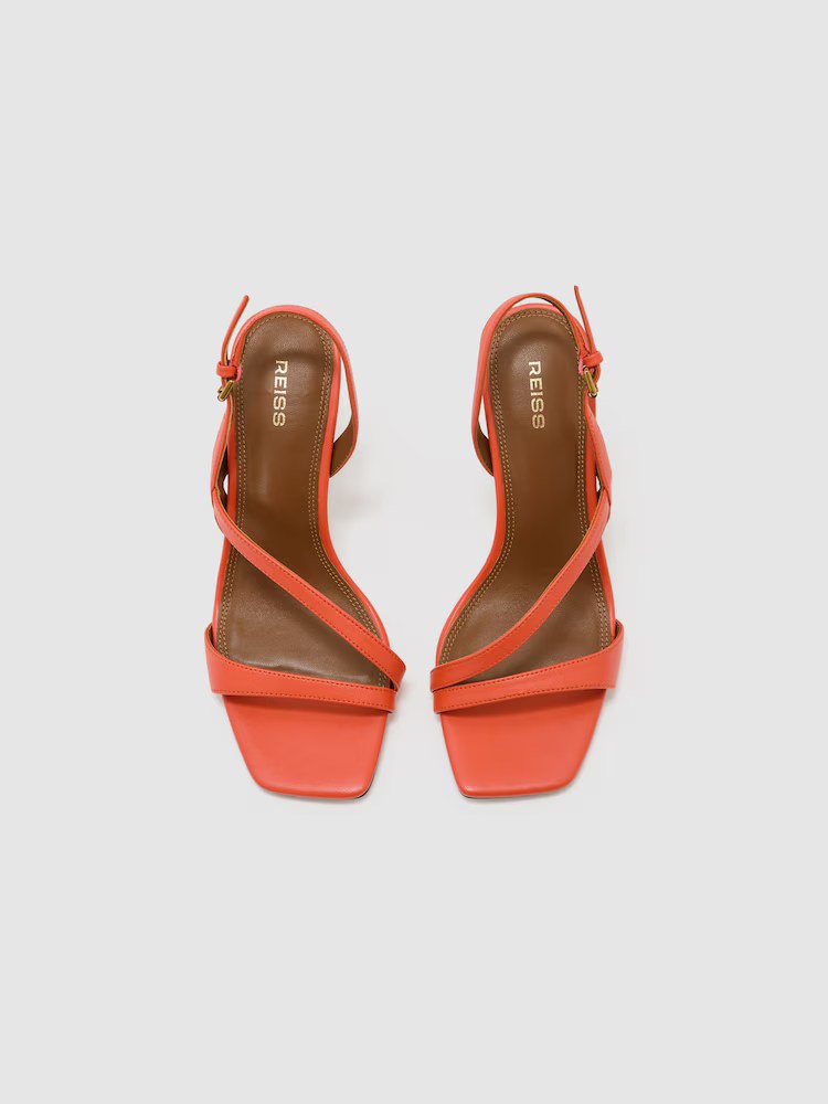 Reiss, Leather Cross-Strap Heeled Sandals in Coral