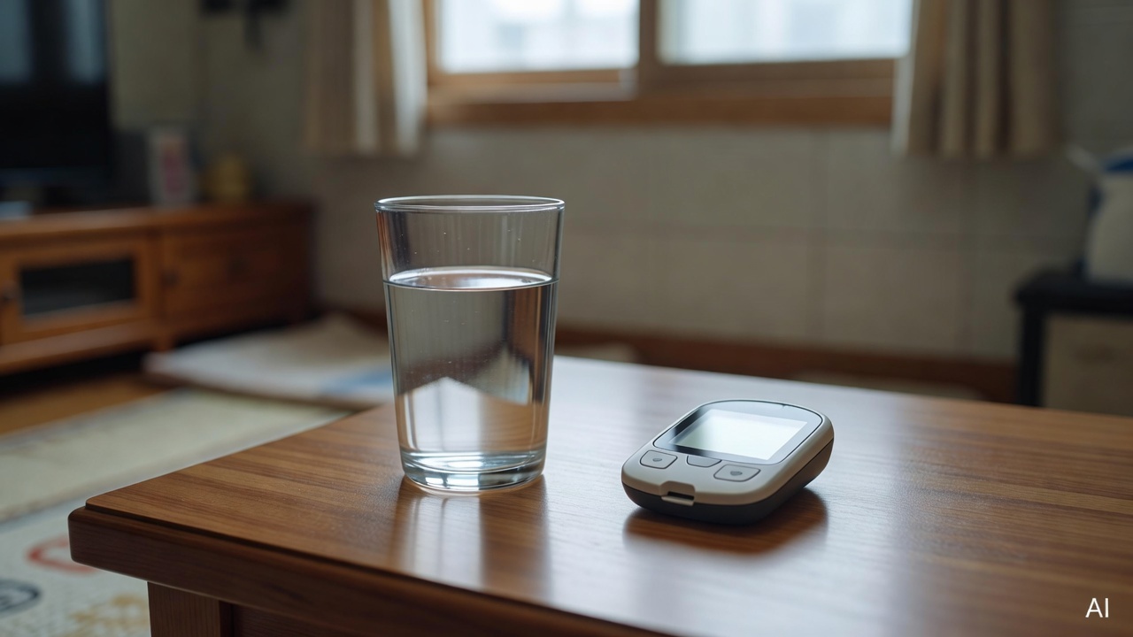 glass of plain water and a medical blood glucose meter placed on a wooden table