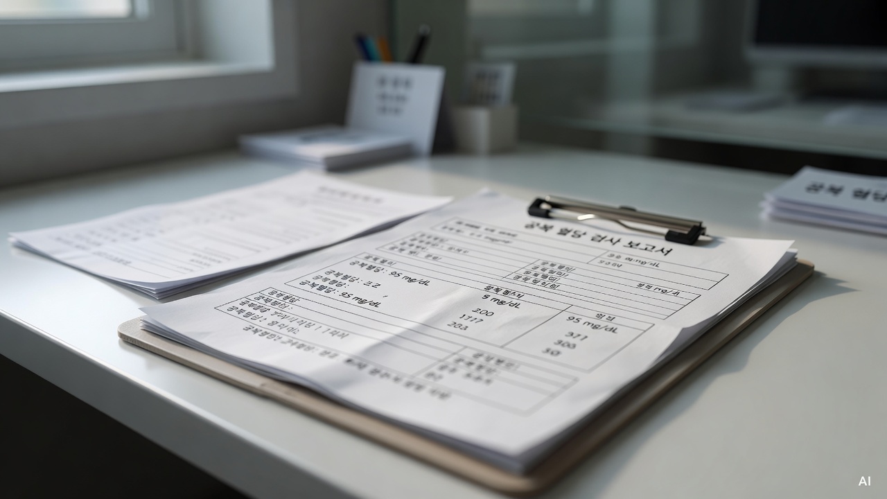 close-up of a fasting blood glucose test report on a medical clipboard placed on a white desk