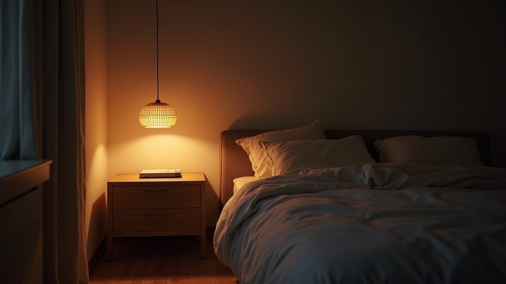 Layered bedroom lighting with warm ceiling pendant and bedside lamp at 2700K
