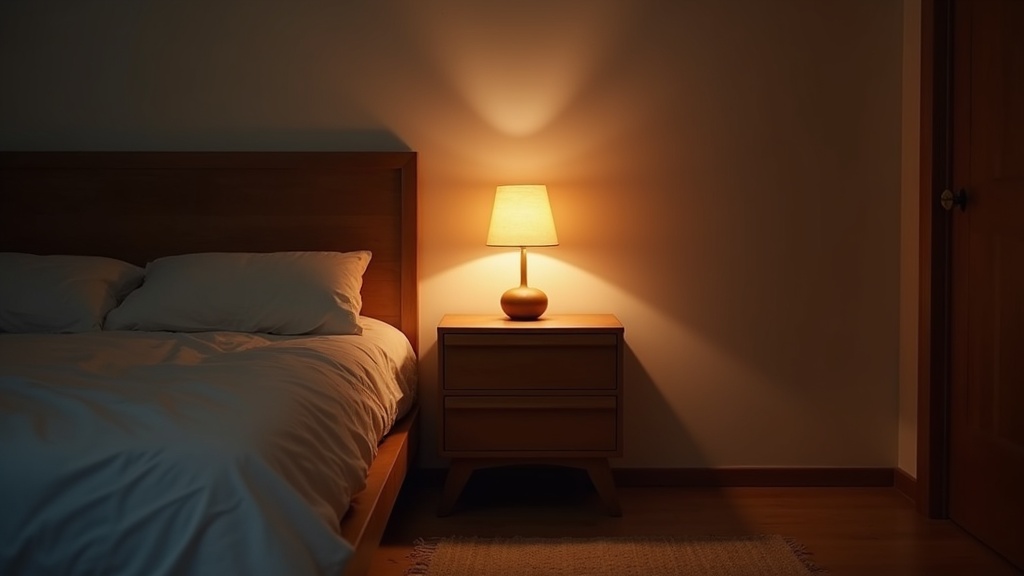 Warm bedside lamp casting amber light in a calm Scandinavian bedroom