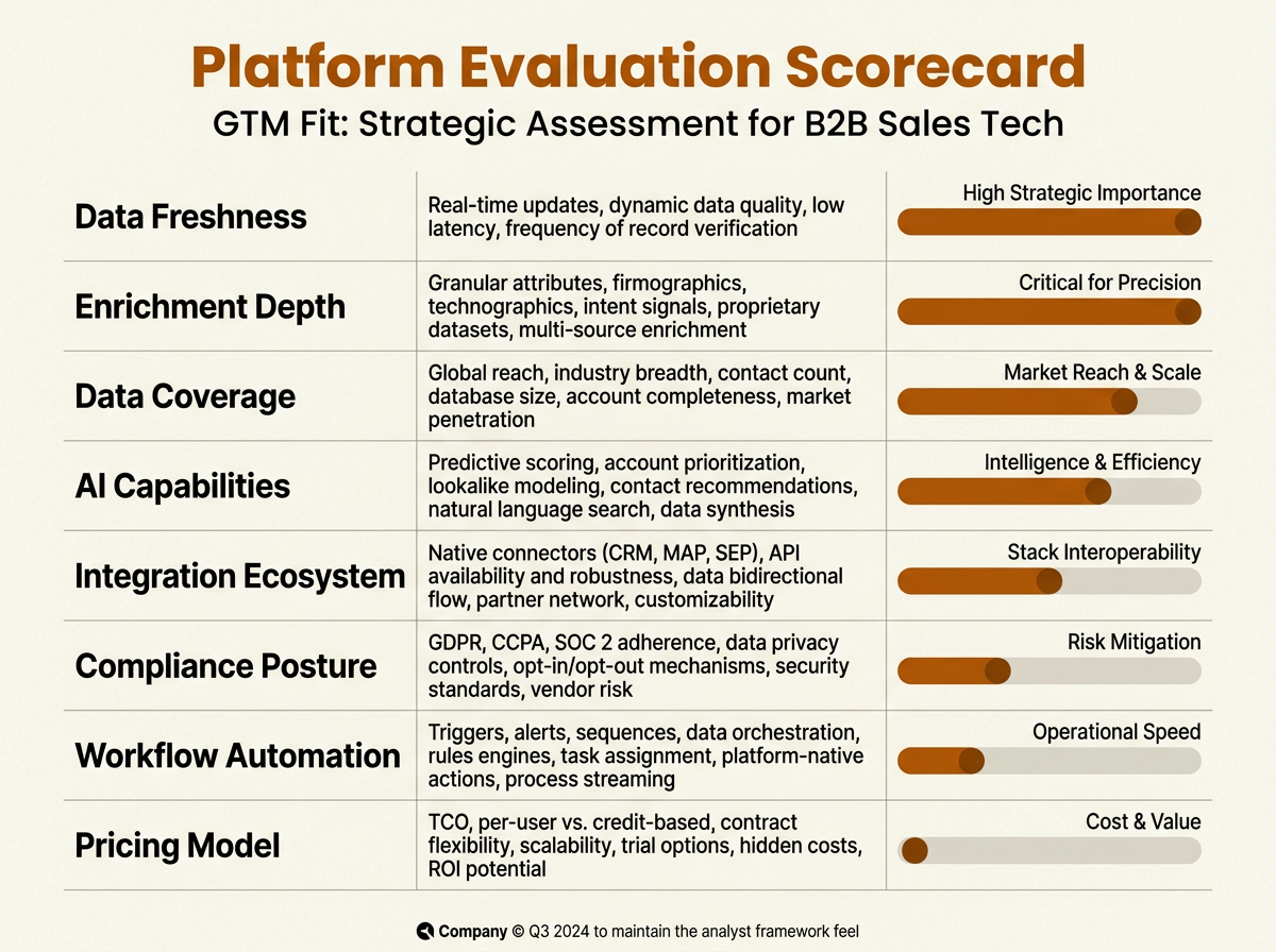 Weighted scorecard infographic for evaluating company database platforms across eight criteria