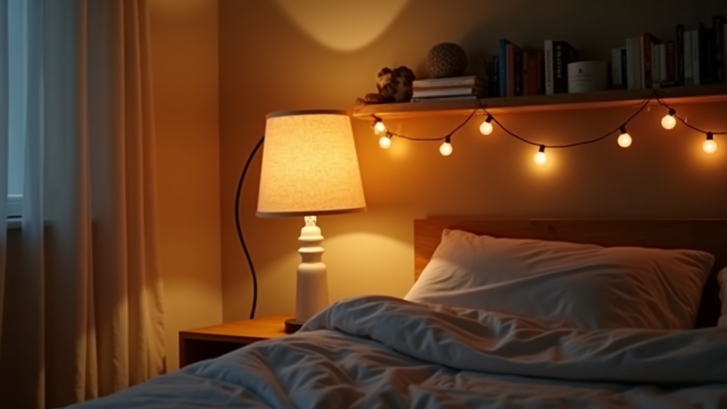 Layered lighting in a rental bedroom using floor lamp and string lights