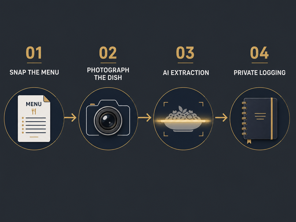 A four-step process diagram showing a professional restaurant meal logging workflow including menu snapping, photo capture, AI extraction, and logging.