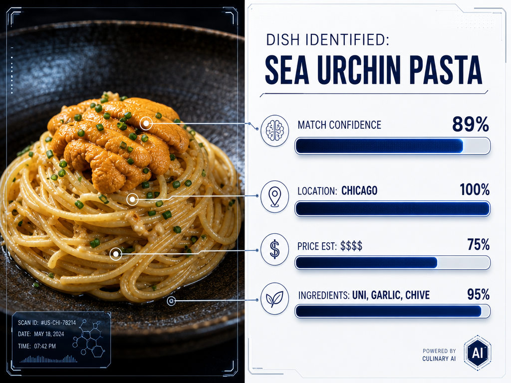 A split-screen visual showing a sea urchin pasta dish being analyzed by AI, with data labels for dish type, location, and ingredient matching.