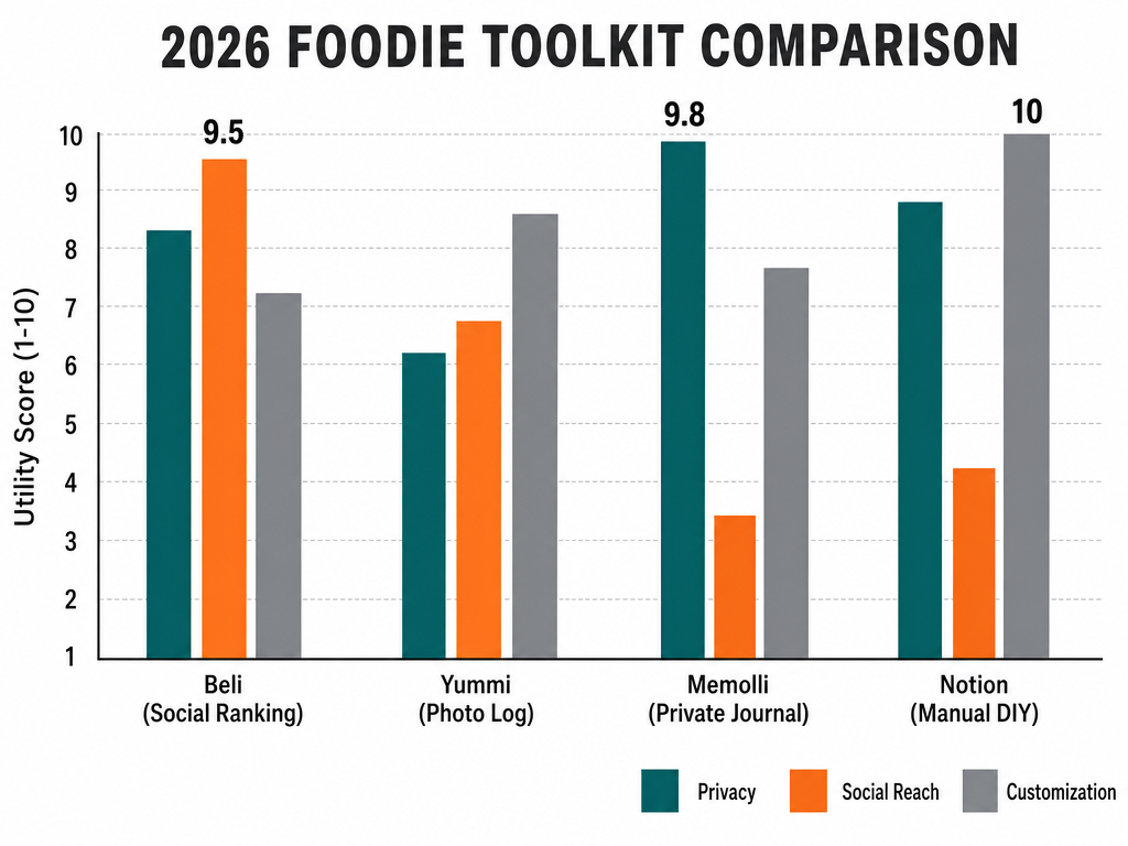 Comparison bar chart of restaurant tracking methods Beli, Yummi, Memolli, and Notion, scoring them on privacy, social reach, and customization.