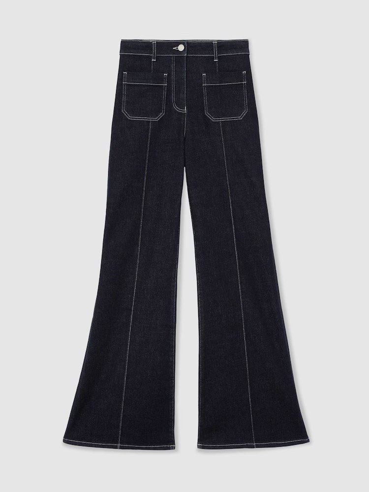 Reiss, Patch-Pocket Flared Jeans in Indigo Blue