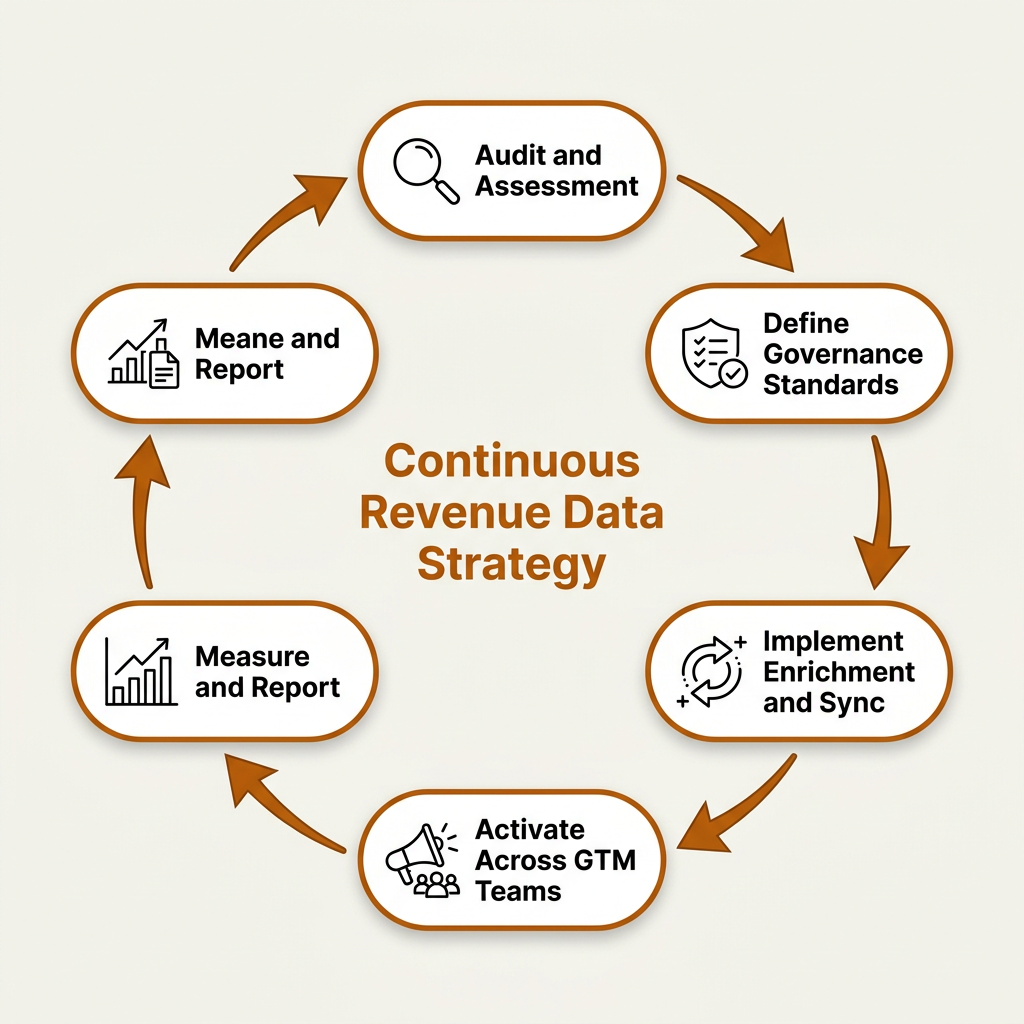 Circular revenue data strategy lifecycle diagram with six clockwise stages