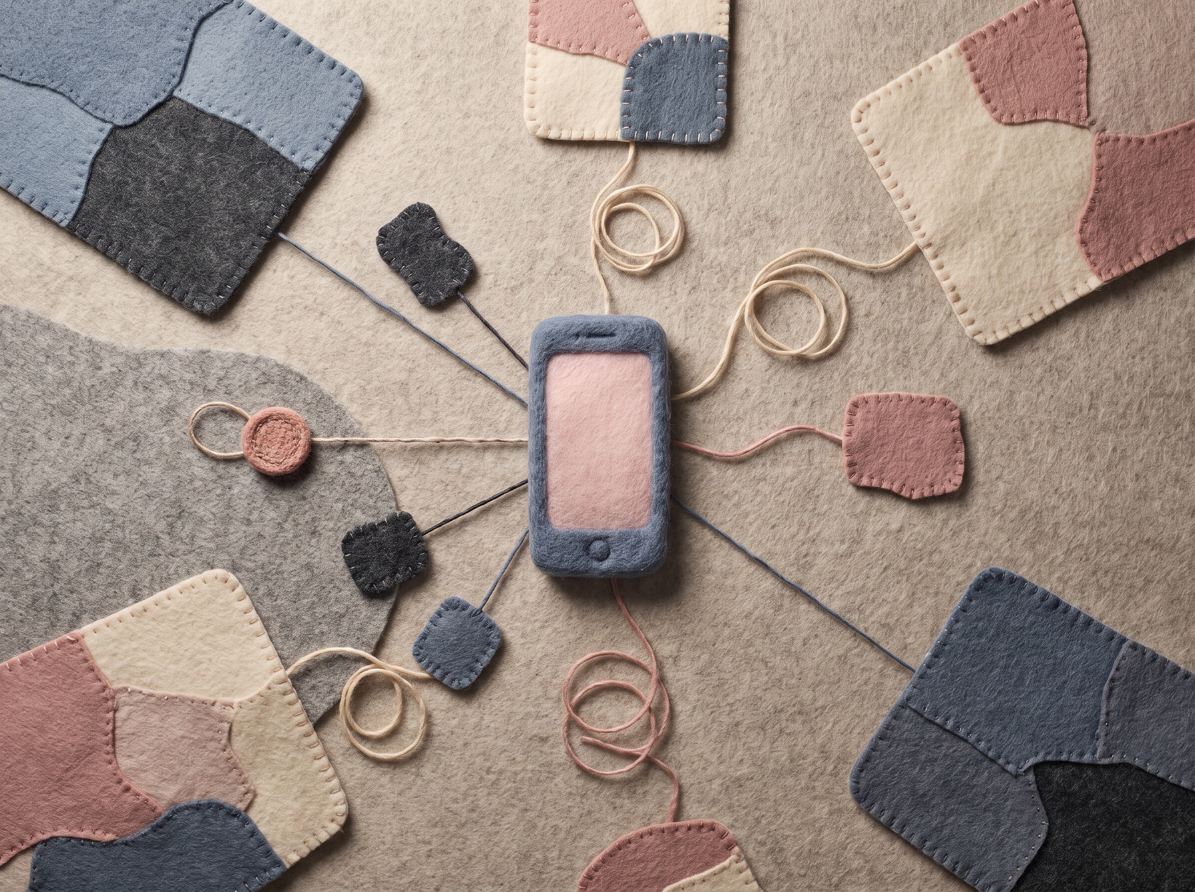 Felt map-like patchwork of regions with threads of different lengths connecting to a single felt phone shape