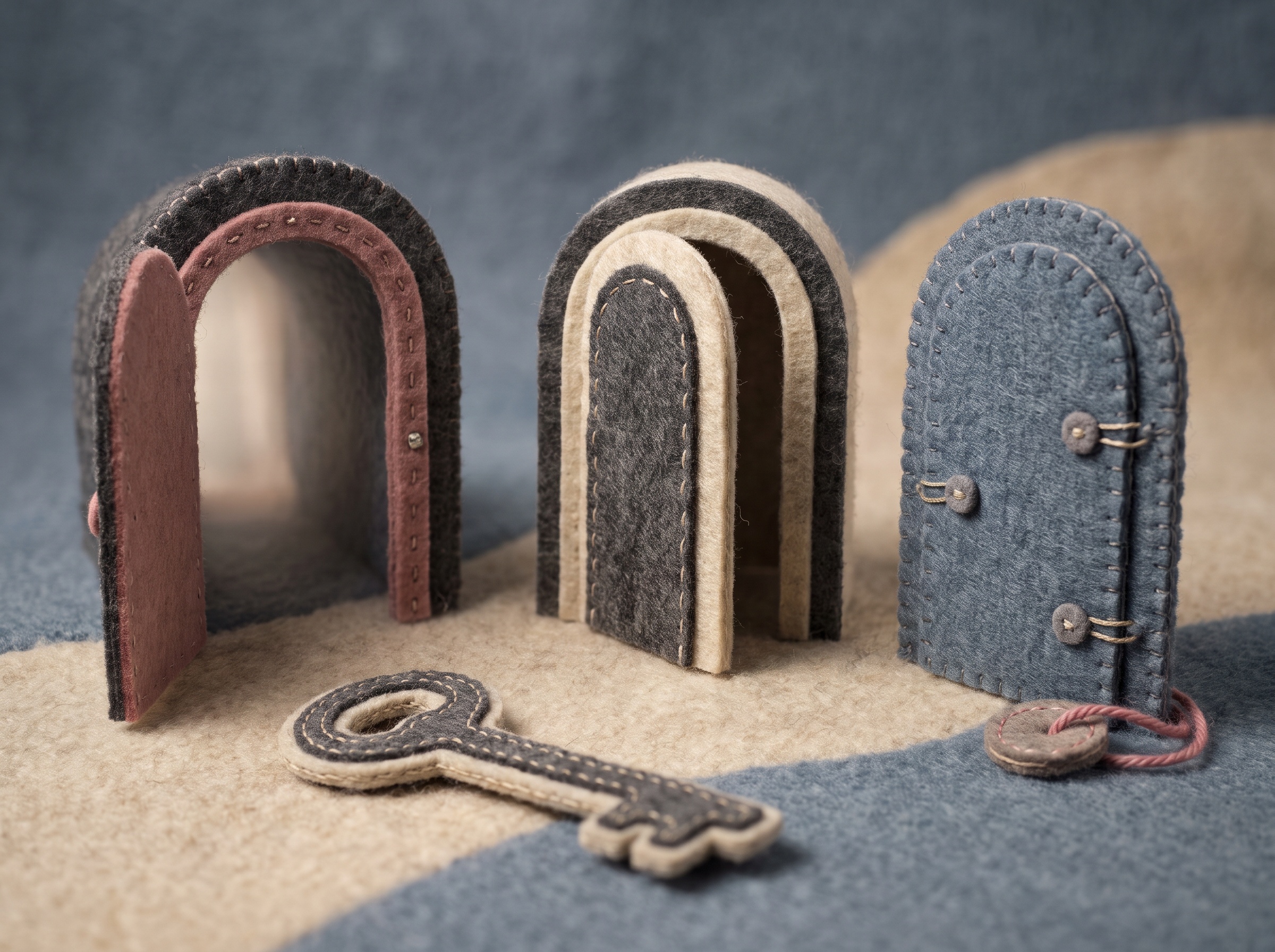 Three small felt doors of different sizes standing open at varying widths beside a single felt key shape