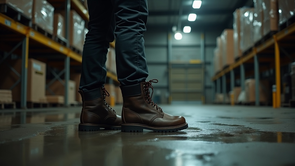 Work boots on concrete warehouse floor