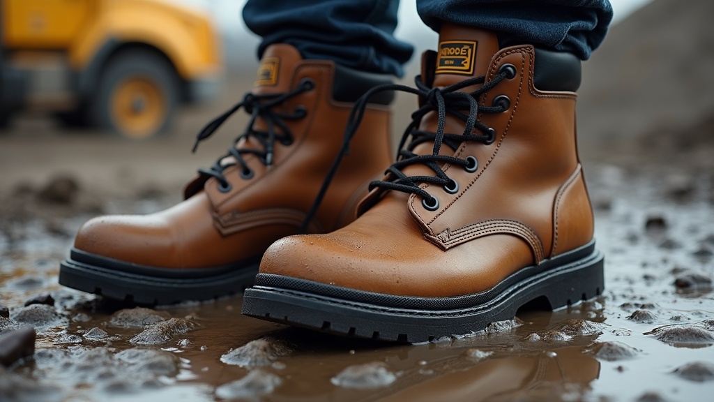 Waterproof work boots with Gore-Tex lining on a wet jobsite