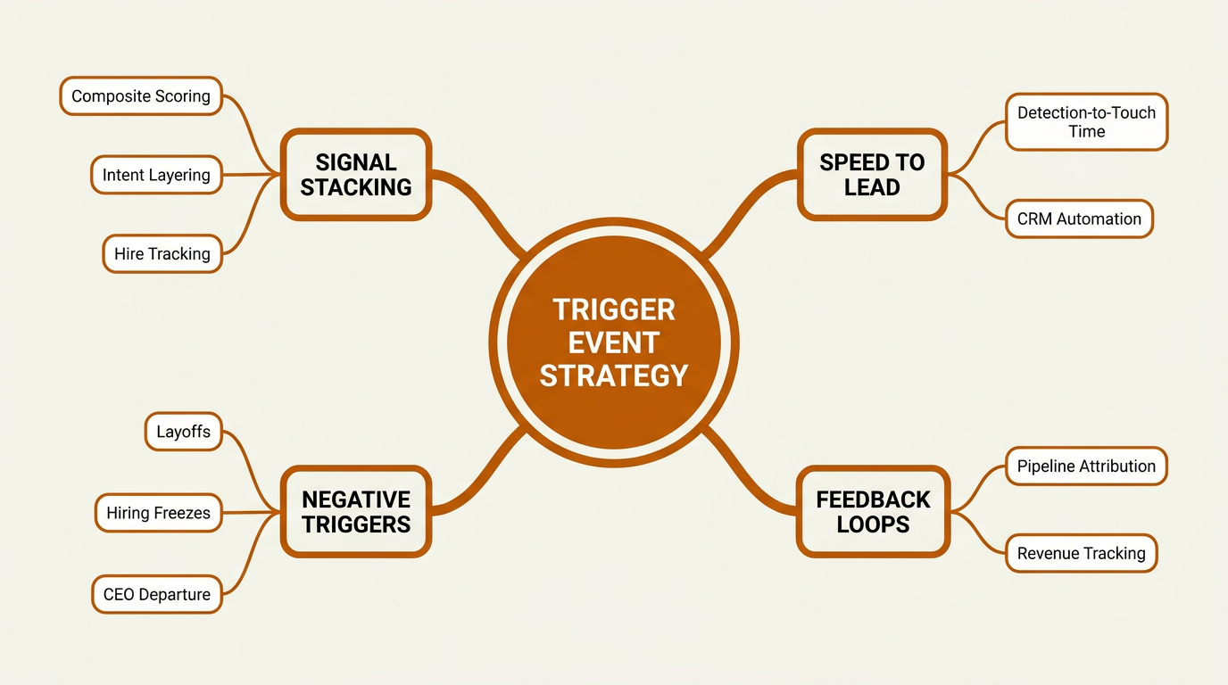 Mindmap diagram of advanced sales trigger event strategy with four branches