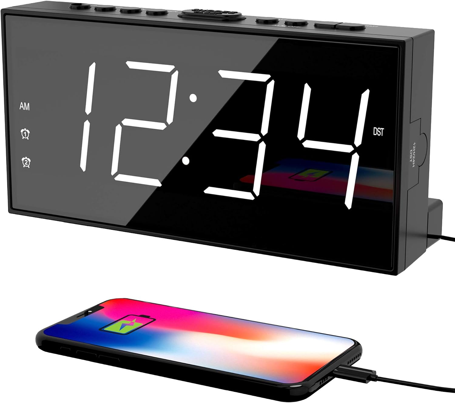 PPLEE alarm clock macro shot showing bright red LED display numbers in sharp detail with blurred background