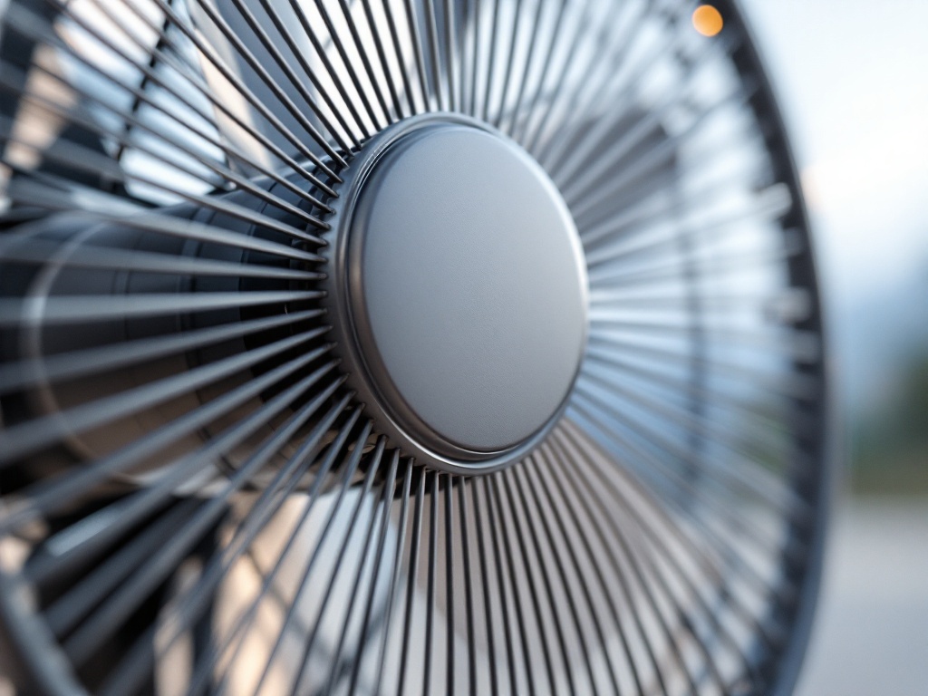 Close-up of Gaiatop portable fan's motor and blade assembly with metallic finish and studio lighting