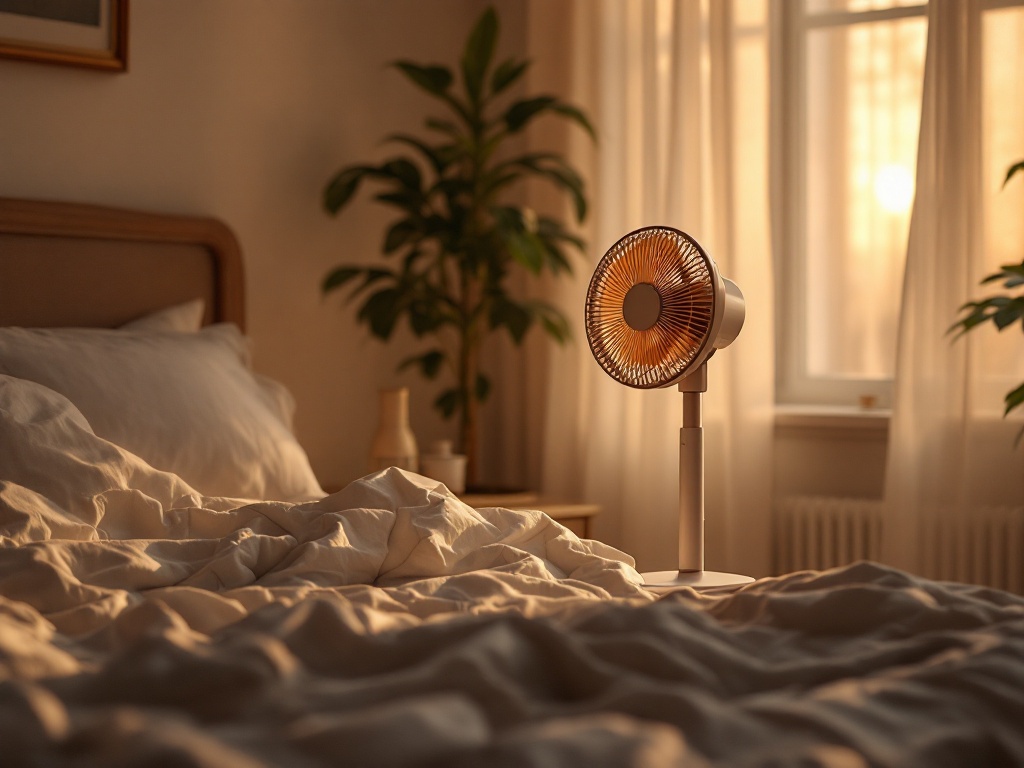 Gaiatop portable fan on a bedroom nightstand with golden evening light and unmade bed in background