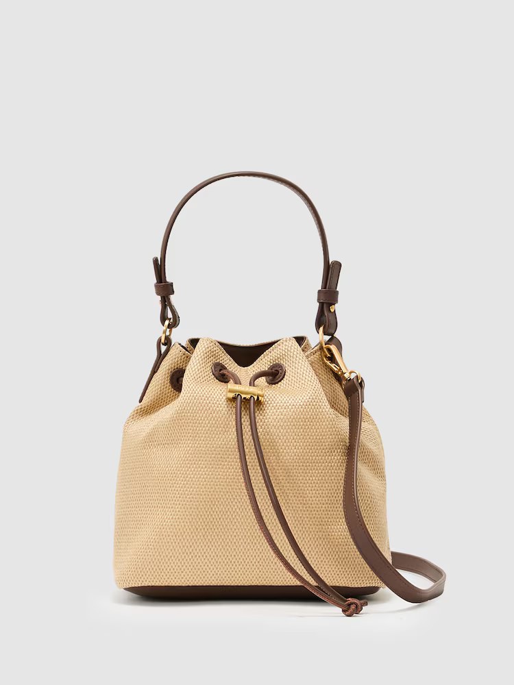 Reiss, Raffia-Effect Drawcord Bucket Bag in Natural
