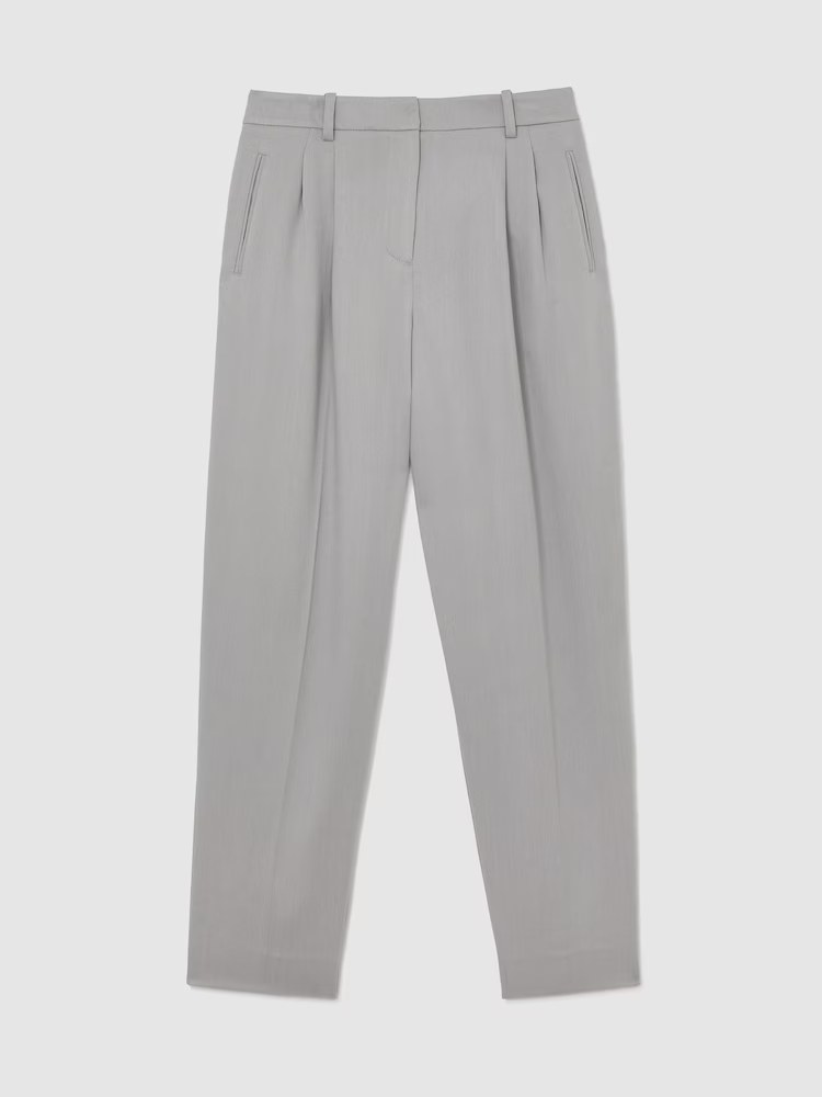 Reiss, Lyocell Tapered Pleated Trousers in Grey