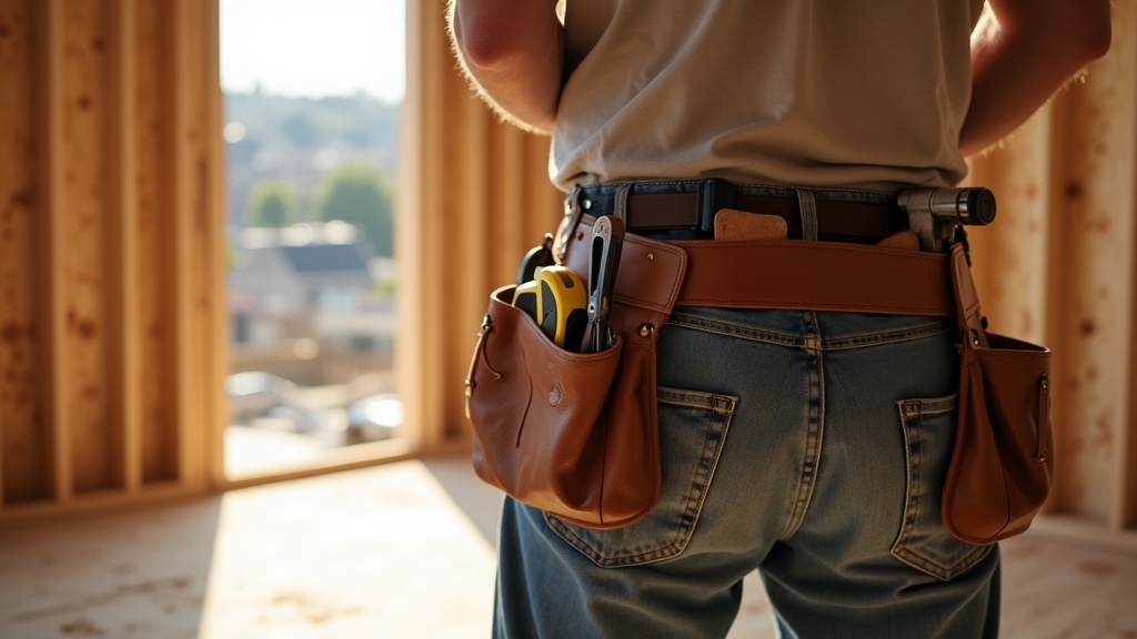 Worker wearing a heavy tool belt on hips on a jobsite