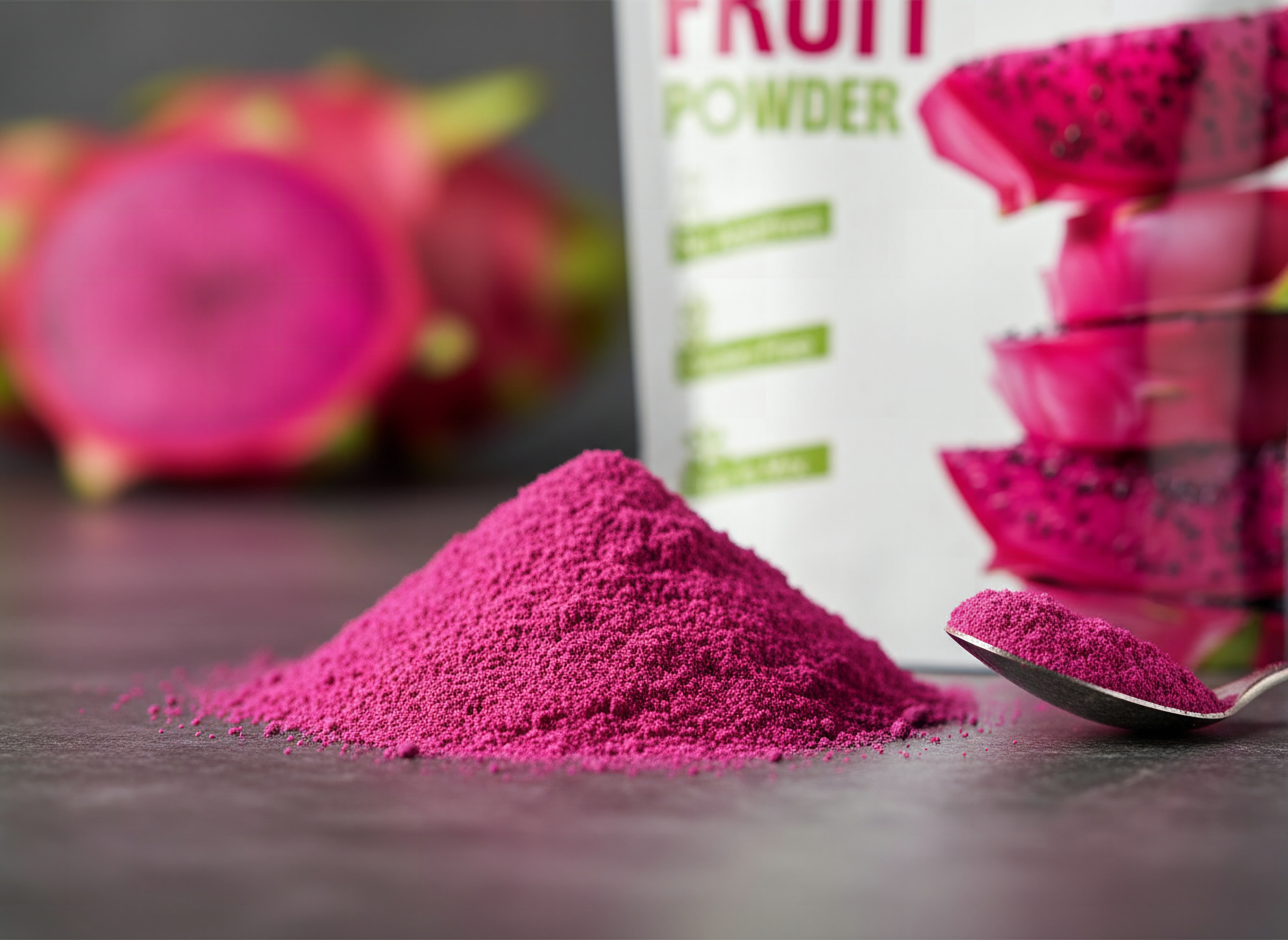 Vibrant magenta dragon fruit powder in extreme close-up, showing fine granular texture