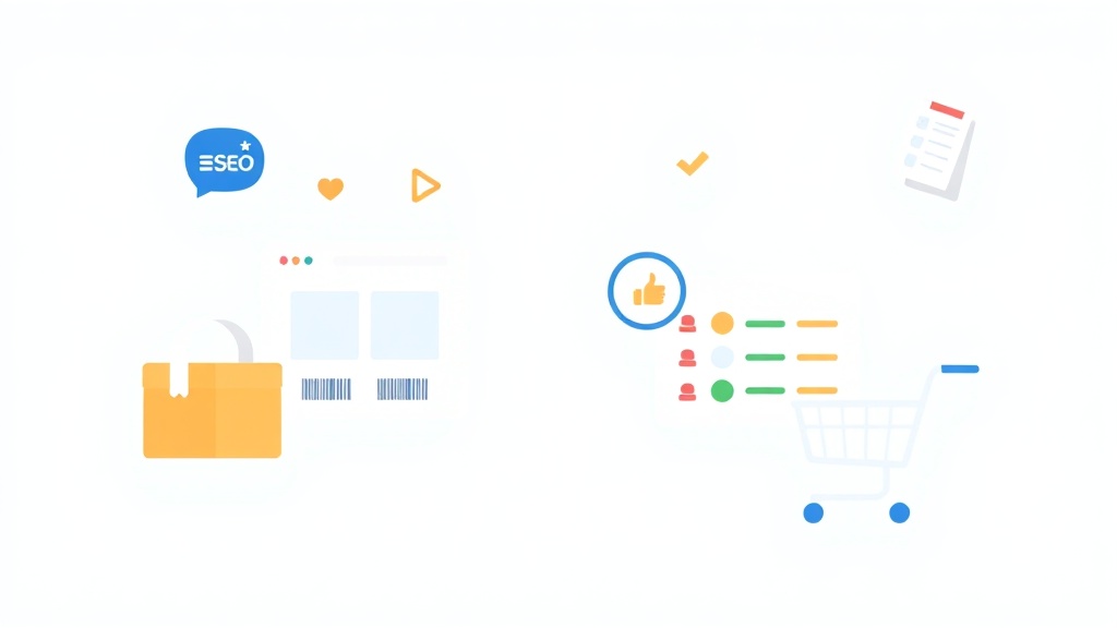 Conversion funnel with visitor stages, shopping carts, and a performance gauge measuring conversion rates.