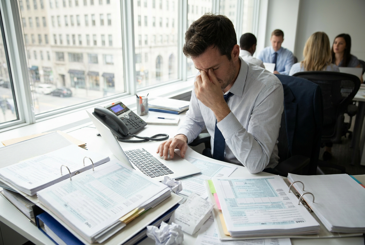 Drukke accountant aan zijn bureau tijdens de aangifteperiode met stapels papierwerk en een rinkelende telefoon