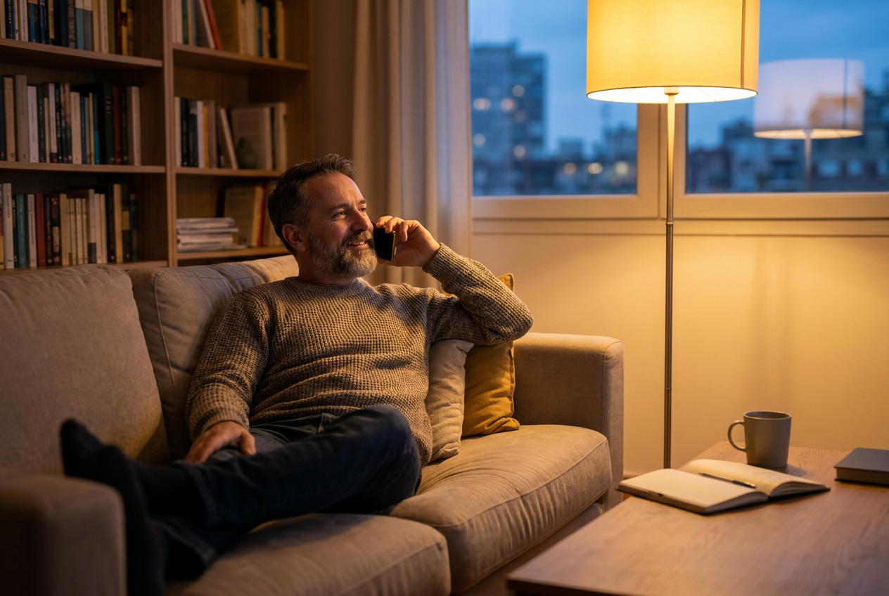 Ondernemer maakt thuis in de avond ontspannen een afspraak bij zijn accountant via de smartphone