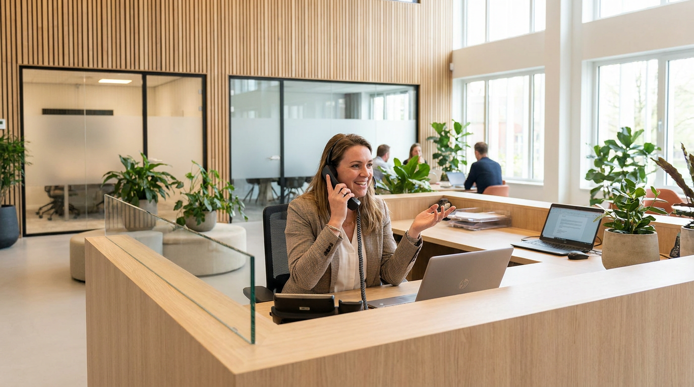 Vriendelijke receptioniste met headset beantwoordt de telefoon aan de balie van een modern accountantskantoor
