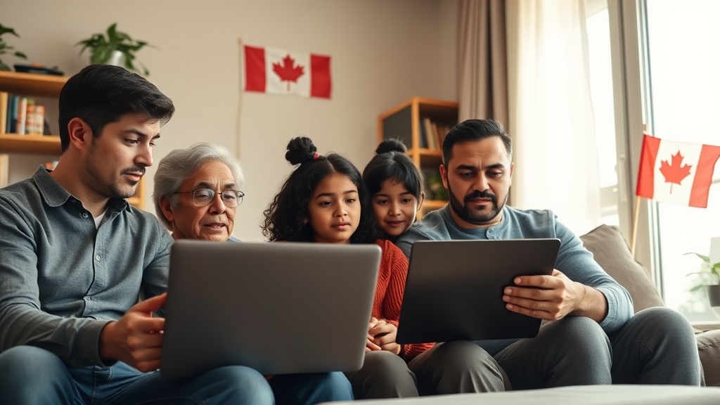 A diverse Canadian family sitting together in their living room, looking at a laptop screen showing immigration documents, with expressions of concern and thoughtfulness. Sunlight streams through a window, highlighting a Canadian maple leaf flag on a bookshelf.