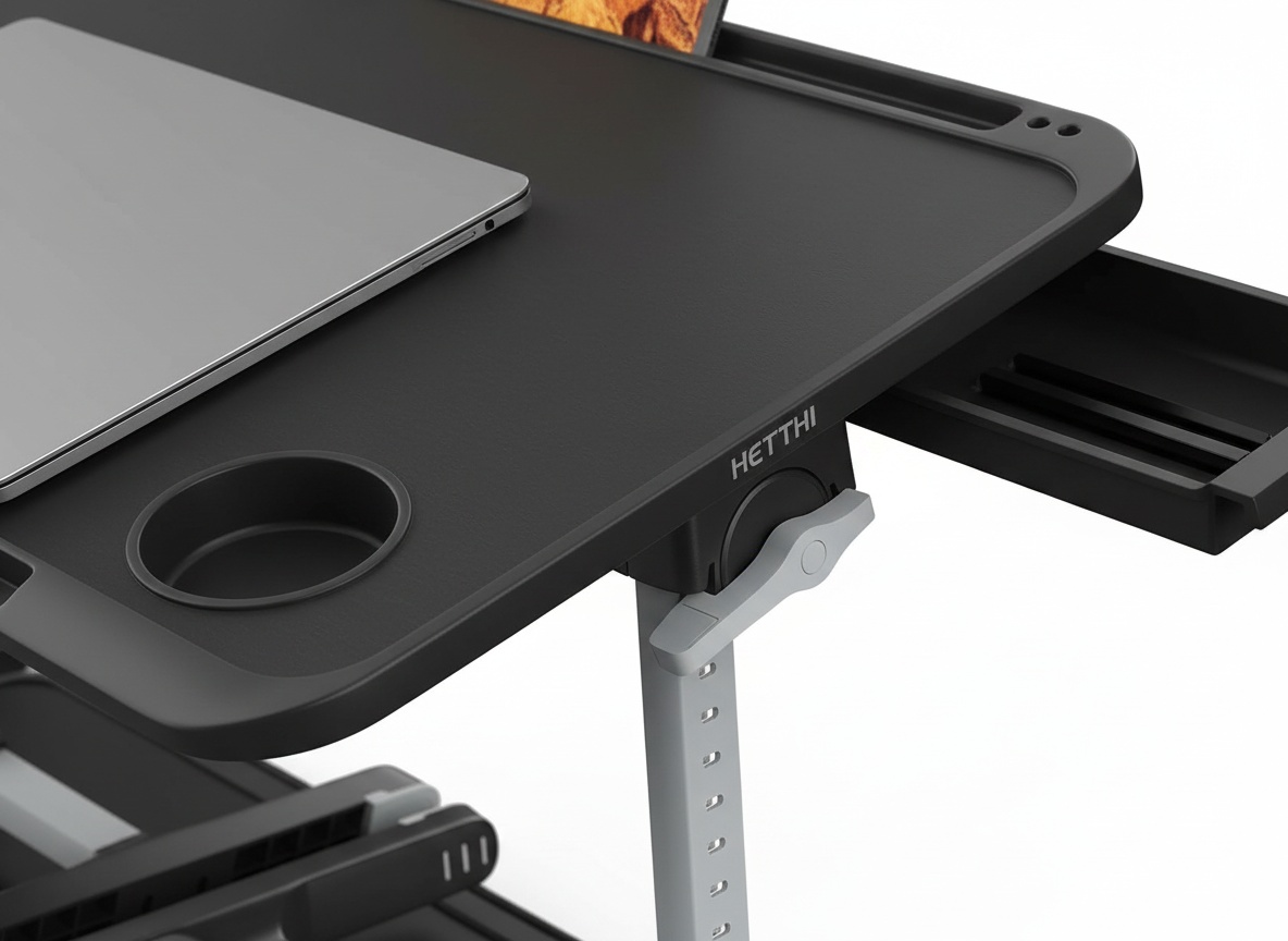 Macro detail of HETTHI laptop tray showing wooden surface texture, metal leg joints, and drawer handle in sharp focus