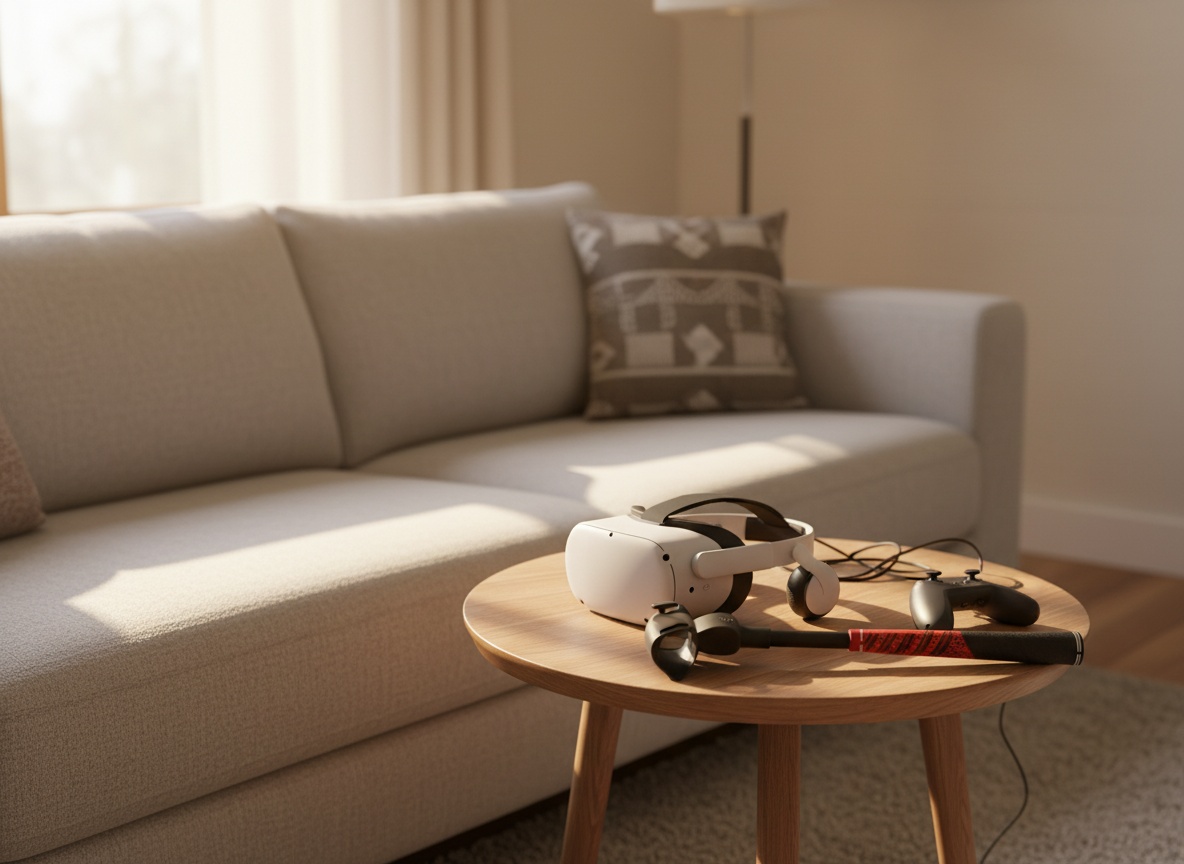 Meta Quest 3 controller with golf club attachment displayed on a side table in a living room VR gaming environment