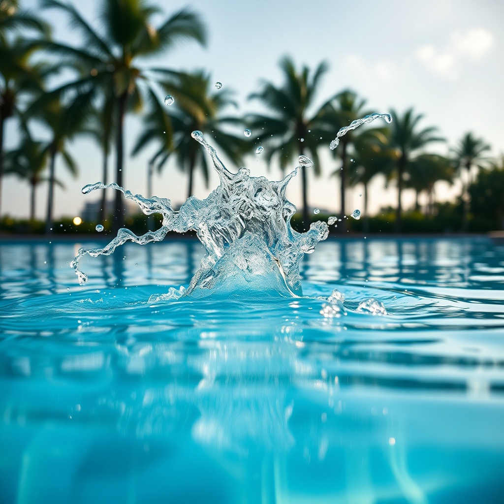 a slow-motion splash of crystal water from a pool with palm-tree reflections