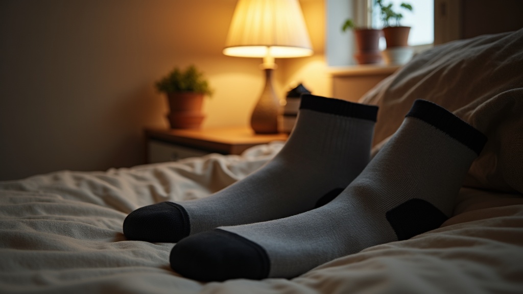 Calcetines de compresión dejados en la mesita al quitarlos antes de dormir