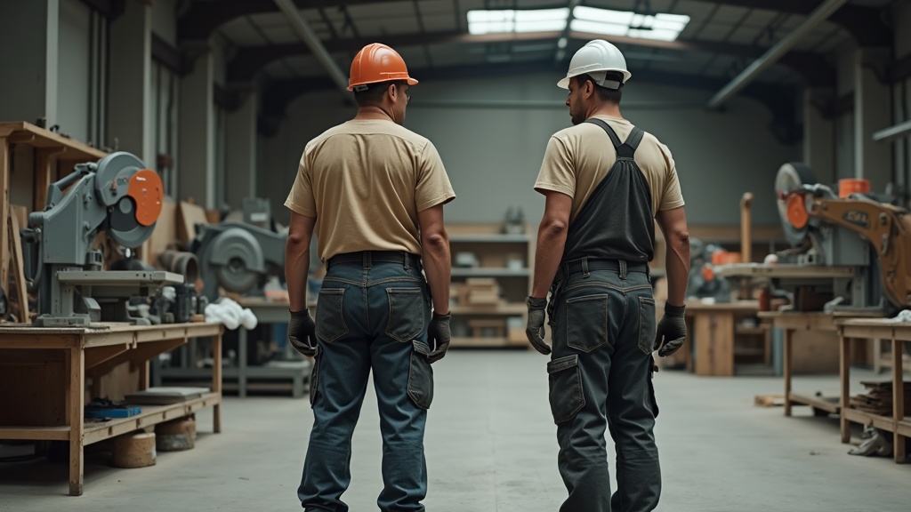 Comparación entre ropa de trabajo bien ajustada y ropa demasiado holgada cerca de maquinaria