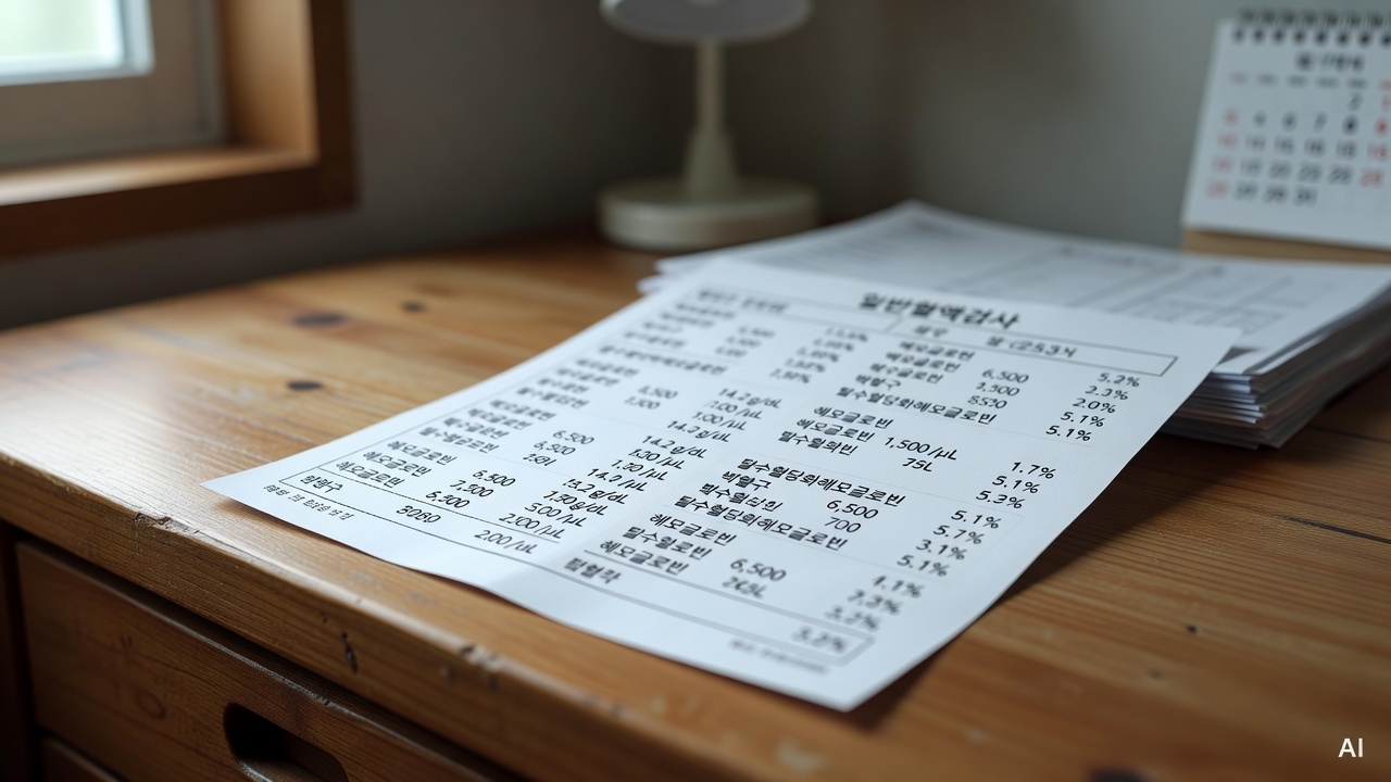 close-up of a blood test result chart with numbers printed in black ink, placed on a wooden surface