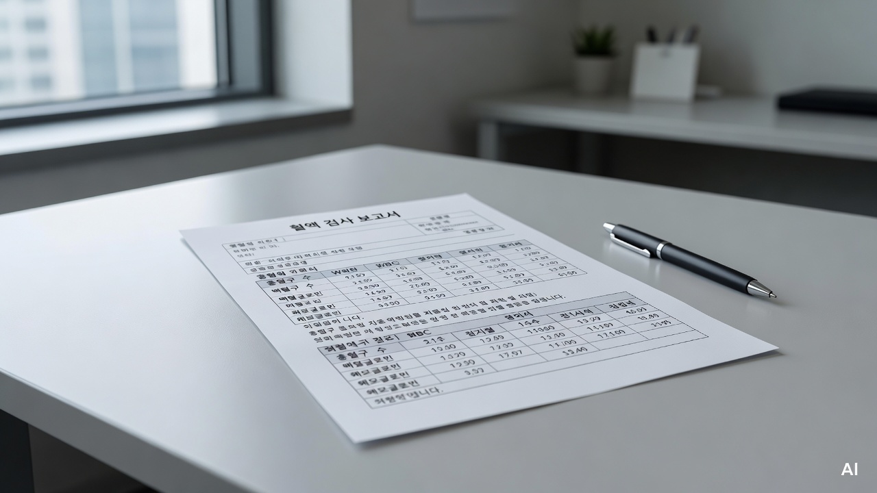 medical blood test report printed on white paper placed on a light gray desk, with a pen beside it