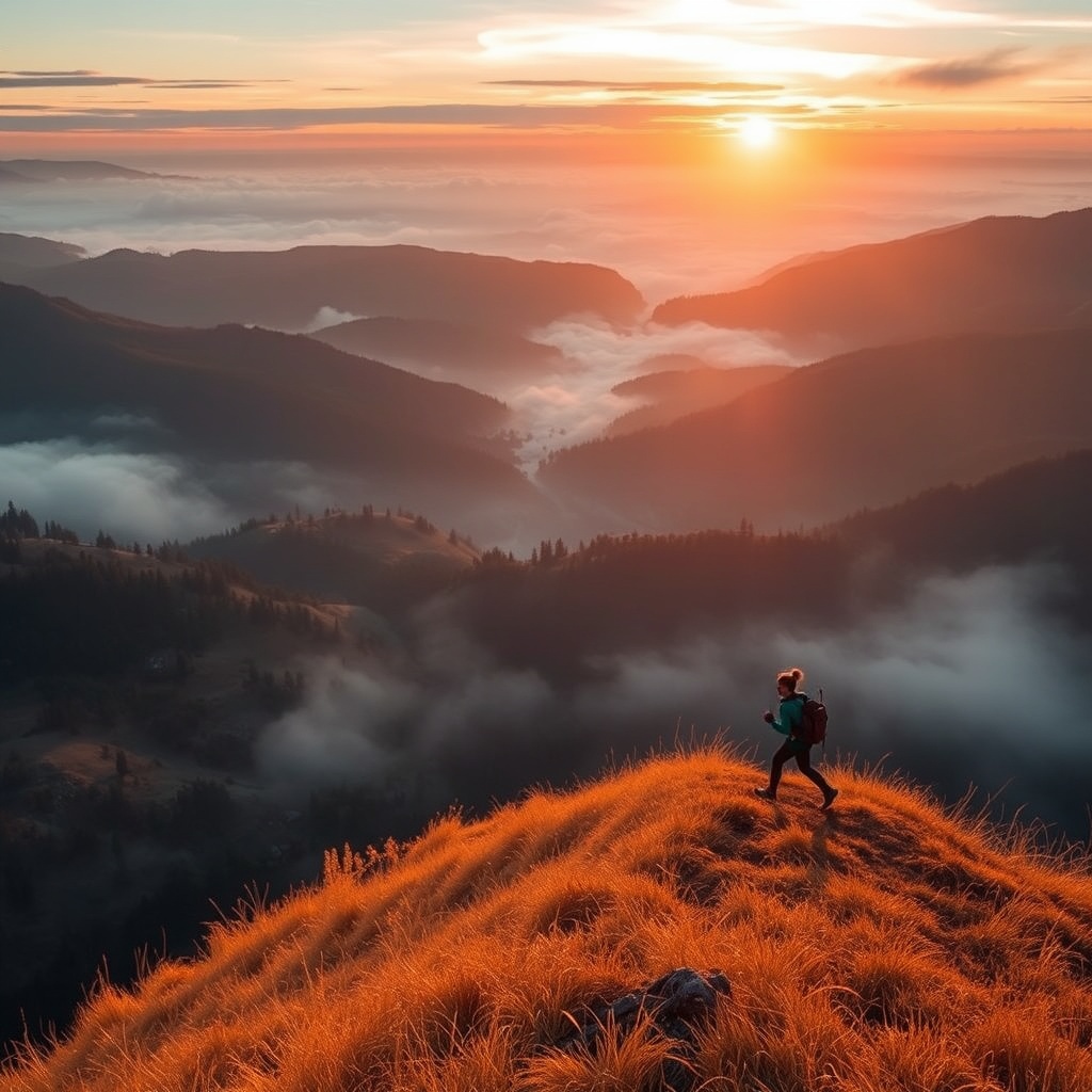 A trail runner cresting a golden hillside at sunrise, valley of morning mist spread wide below. Every viewer will want to step inside. The moment feels like the start of a story. Variation 2.