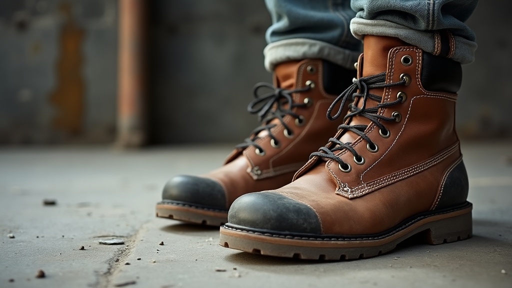 Construction worker in stiff steel-toe work boots on a concrete jobsite