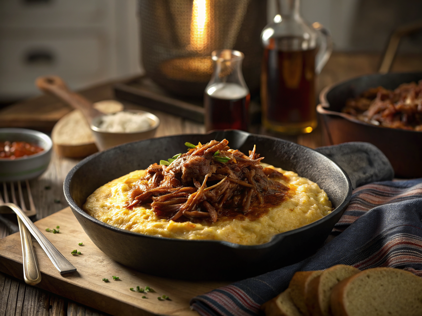 Smoky Maple-Bourbon Pulled Pork with Cheddar Grits