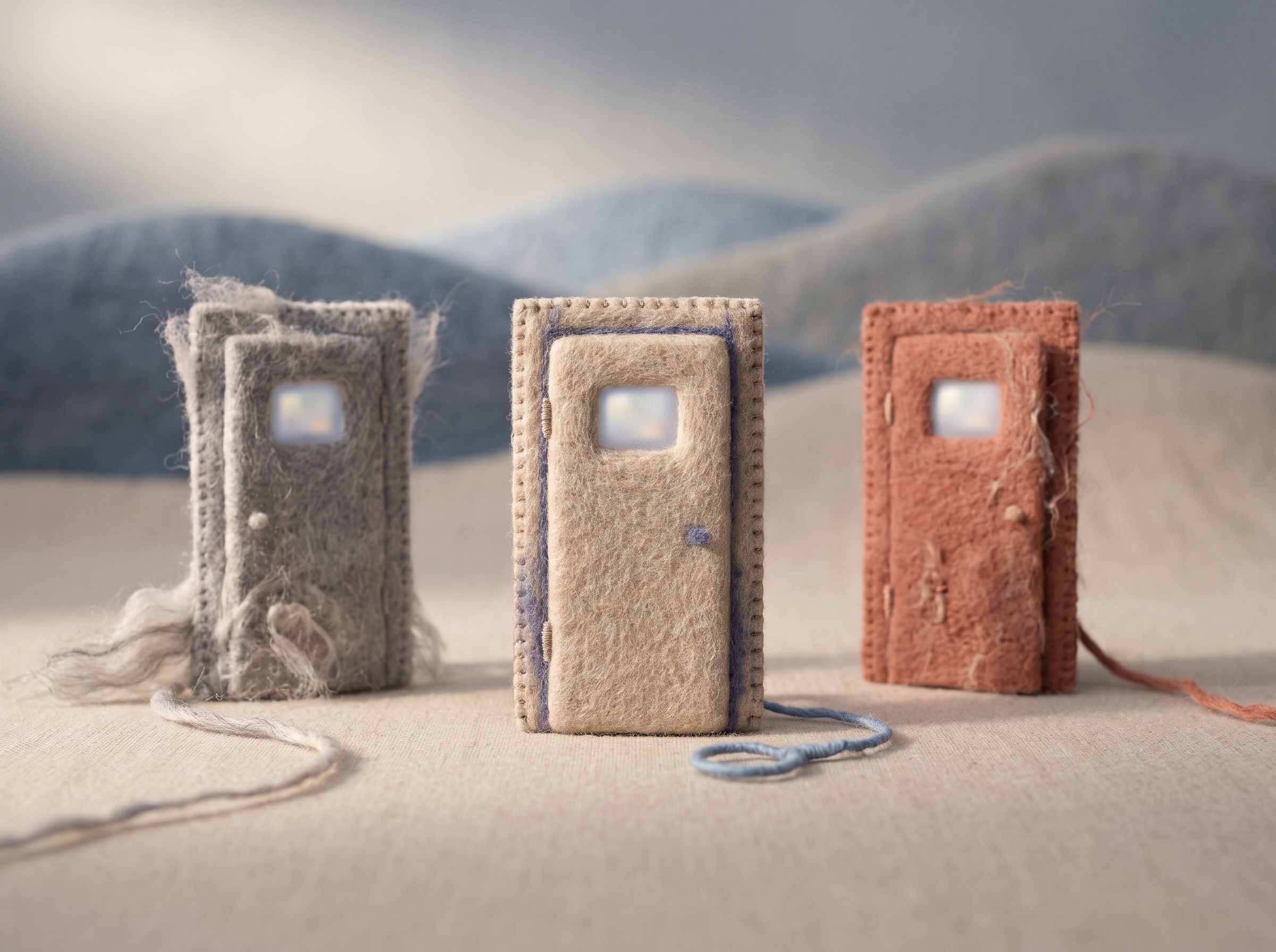 Felt miniature scene of three small wool doors of different textures side by side on a soft fabric floor
