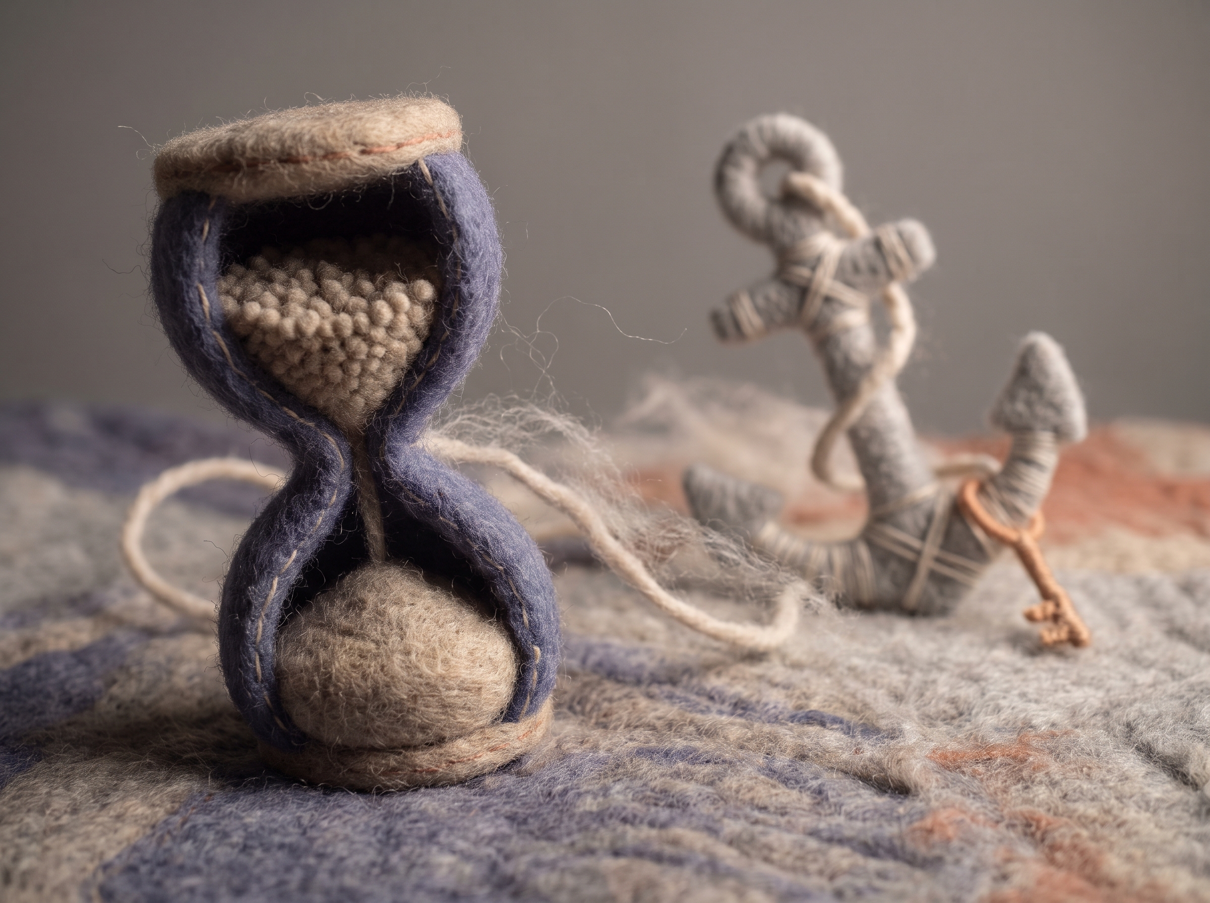Felt miniature scene of a small wool hourglass shape next to a felted anchor resting on soft fabric