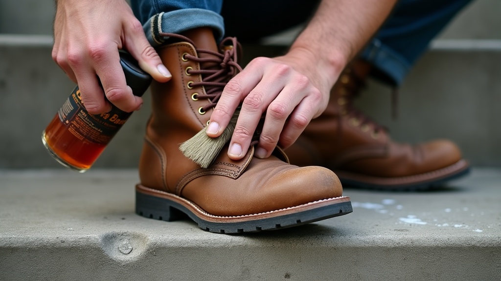 Cleaning leather work boot exterior with saddle soap and brush