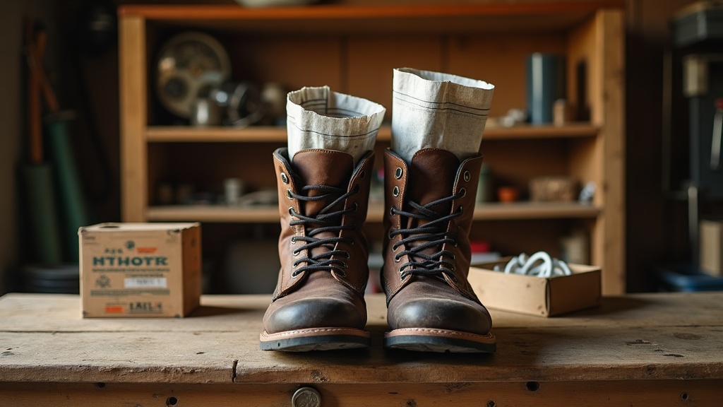 Work boots with newspaper stuffed inside and baking soda for odor control