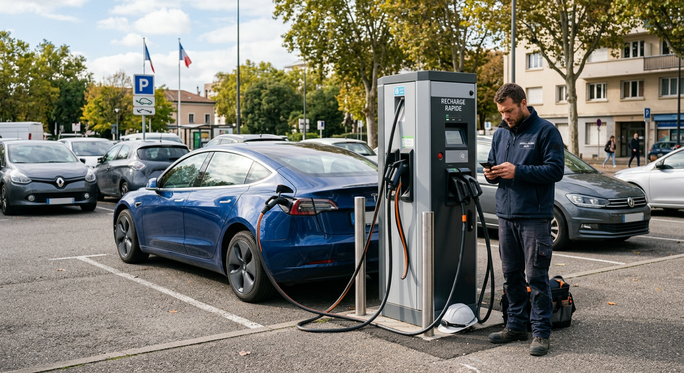 Borne de recharge électrique rapide utilisée au quotidien sur un parking public avec un installateur consultant son smartphone.